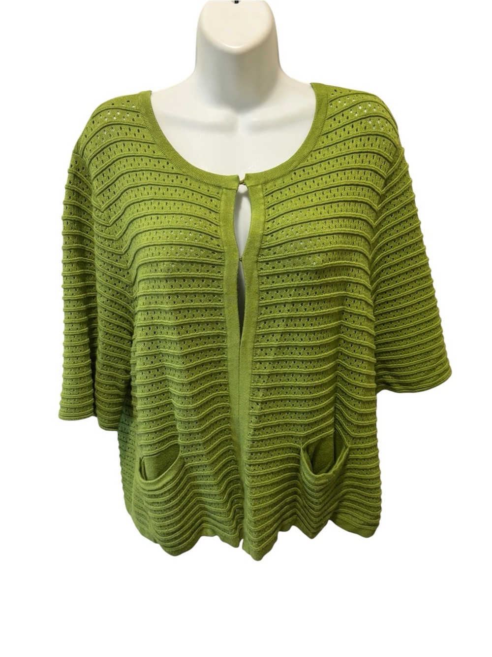 Chico’s Cecille Structured Short Sleeve Cardigan Sweater Sz 3/XL/16 Apple Green
